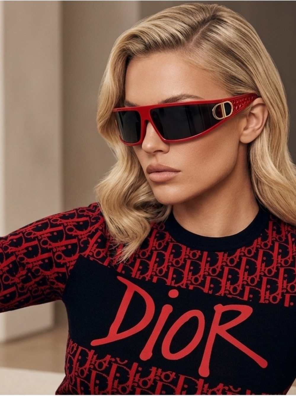 Dior Red Shield Sunglasses with Black Lenses and Gold Logo